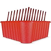 Rtteri 15 Pcs Reusable Cups with Straws and Lids 16 oz Glitter Tumblers Plastic Party Favor Cups with Lids Travel Mug Tumbler for Valentine's Day Party Iced Beverage Water(Red)