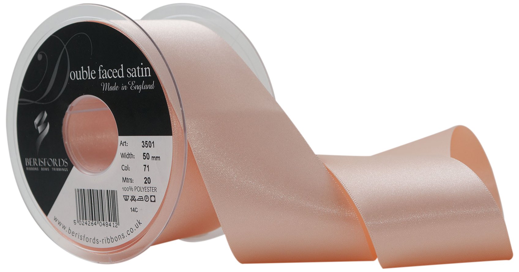 Berisfords 3501 Double Satin Ribbon, Peach, 50 mm