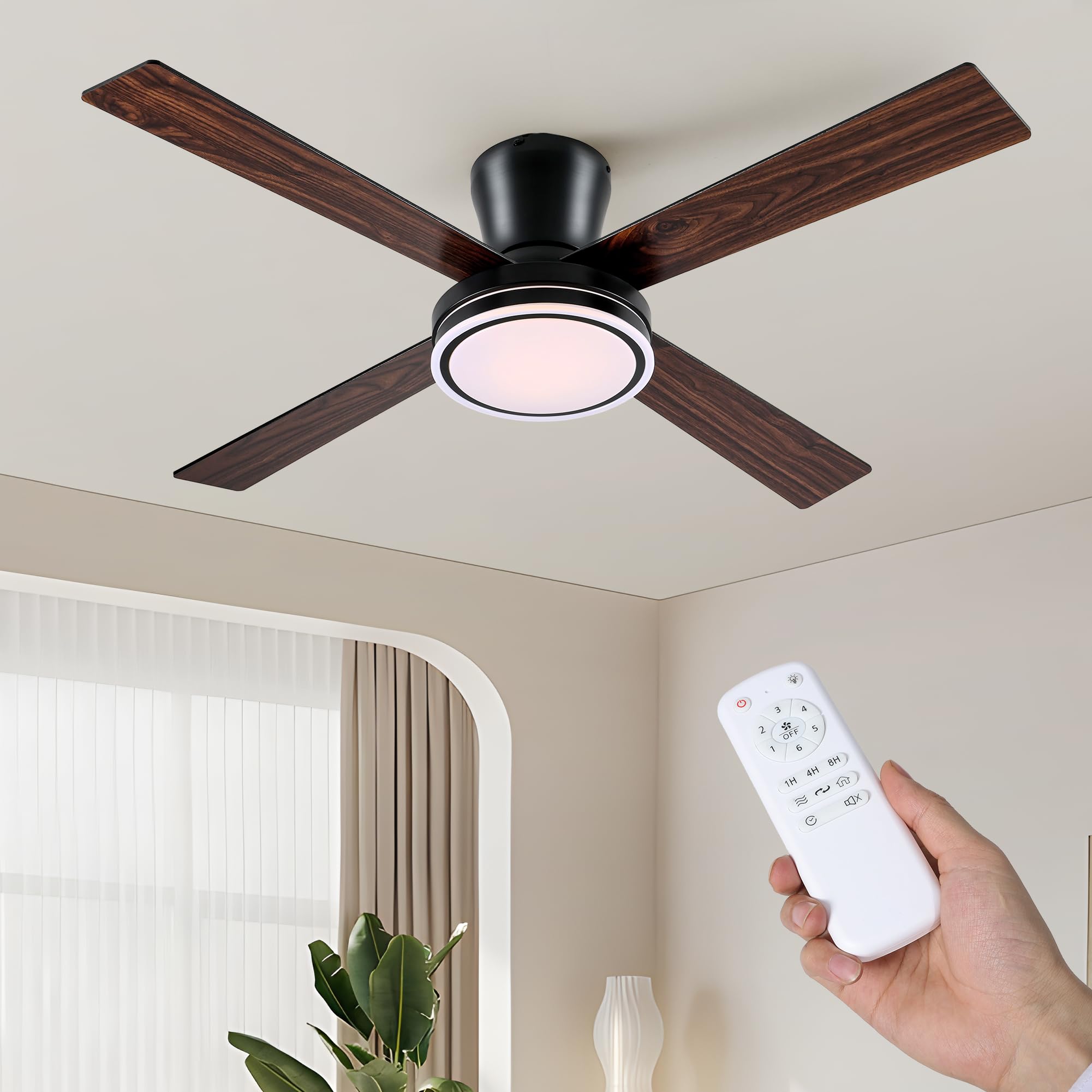 Photo 1 of HUMHOLD Low Profile Ceiling Fans with Lights and Remote, 54" Mondern Hugger Ceiling Fan, Reversible, 3-Light, 6-Speed DC Motor, 4-Blade Ceiling Fan for Bedroom/Livinging Room