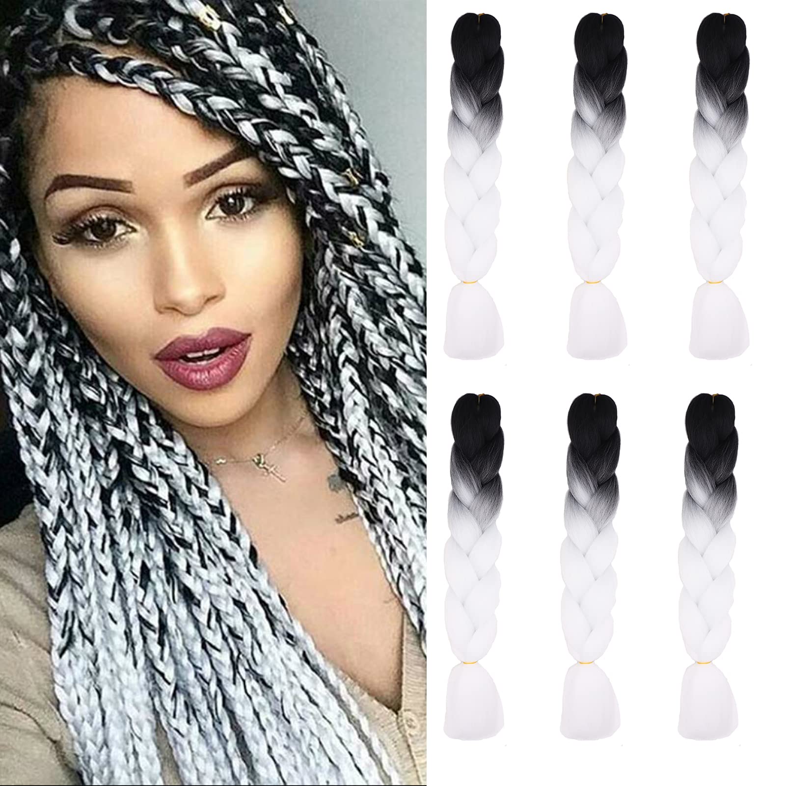 Cybelleza 6 Pcs /600g 24" Braiding Hair Extensions Jumbo Braids Synthetic Crochet Hair Afro Box Braid Heat Resistent (Black&Pure White)