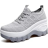 Women's Chunky Platform Comfort Orthopedic Wedge Walking Shoes Fashion Knitted Breathable Lace Up Lug Sole Casual Non-Slip Running Shoes with Arch Support