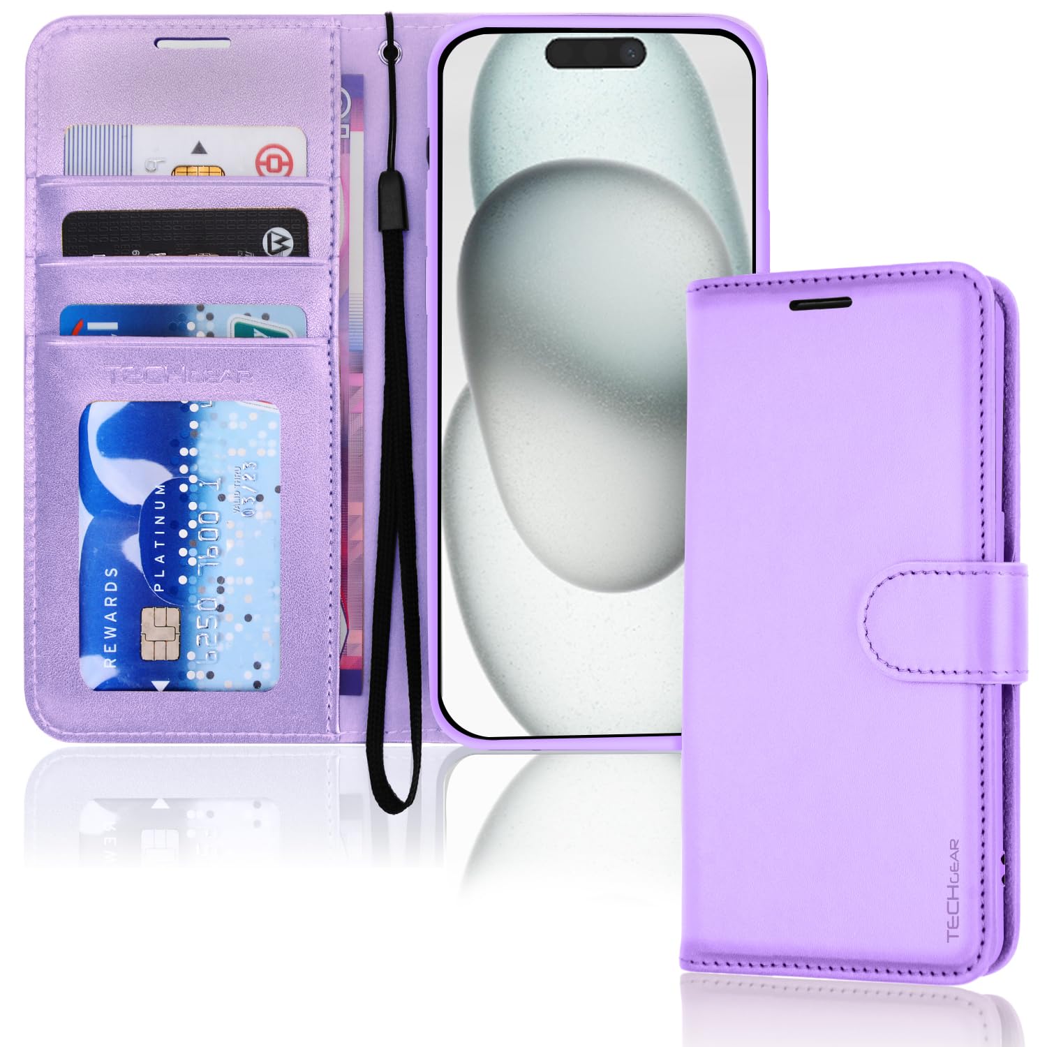 TECHGEAR iPhone 15 Leather Wallet Case, Flip Protective Case Cover with Wallet Card Holder, Stand and Wrist Strap - Purple PU Leather with Magnetic Closure for iPhone 15 6.1"