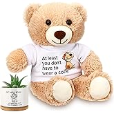 Blueweenly 13.8" Get Well Soon Bear with White T-Shirt, Mini Ceramic Succulent Planters Pots with Bamboo Tray, Stuffed Animals at Least You Don't Have to Wear A Cone Gifts for Women Man
