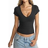 EasyGala Womens Deep V Neck Short Sleeve Shirts Sexy Slim Fit Crop Tops Basic Tees Going Out Summer Outfits