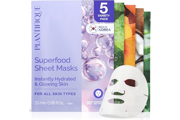 PLANTIFIQUE Korean Face Mask Variety Pack, 5-Pack with Hyaluronic Acid - Aloe Vera, Peach, Coconut, Centella, Collagen & Coen