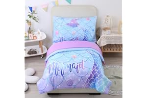 URBONUR Mermaid Toddler Comforter Set for Girls 4Pcs Lovely Ombre Blue Fish Scales Pattern Toddler Bedding Sets with Comforter and Sheet Set