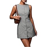 SOLY HUX Women's Plaid Button Down Dress Crew Neck Sleeveless Tie Back Work Office Mini Dresses