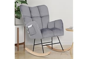 Candockway Rocking Chair for Nursery, Upholstered Glider Rocking Chairs with High Backrest, Glider Recliner Nursery Chair with Pocket for Bedroom Living Room Offices, Dark Grey