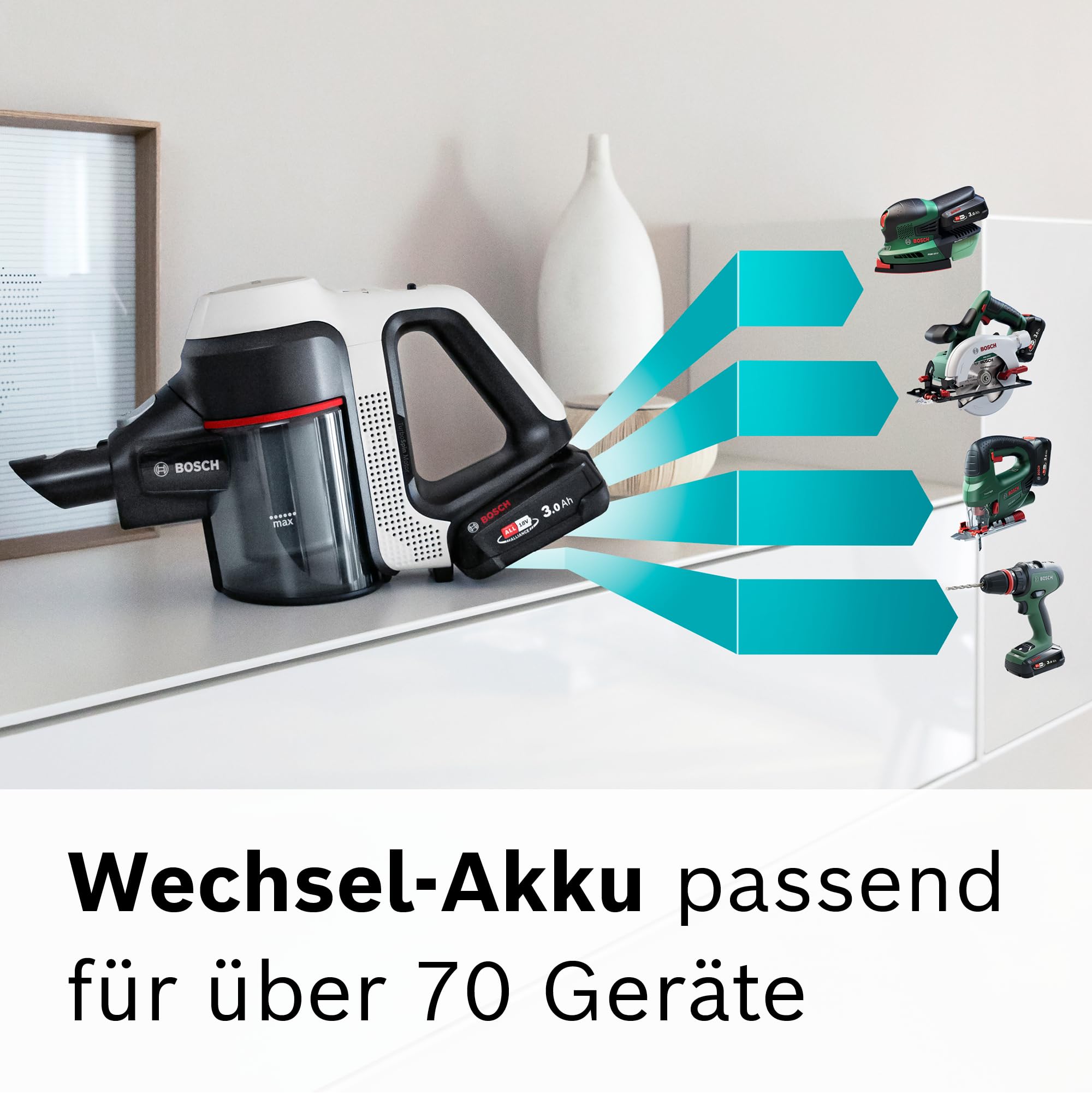 Bosch Akku-Staubsauger Unlimited 7 BSS711W, kabelloser Handstaubsauger, beutellos, Wechselakku, Knickrohr, Hygiene-Filter, 10 Jahre Motorgarantie, XXL-Polsterdüse, LED-Beleuchtung, Turbostufe, weiß 8