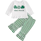 FIOMVA Baby Girl St. Patricks Day Outfits Toddler Lucky Charm Tshirt Ruffle Clover Print Tops+Ruffle Cuff Striped Pants Set