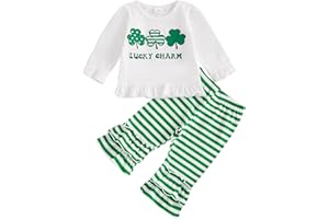 NEVUQO Cute Baby Girl St Patricks Day Outfit Lucky Charm Shamrock Shirt Ruffle Flared Pants Set Toddler Newborn Clothes