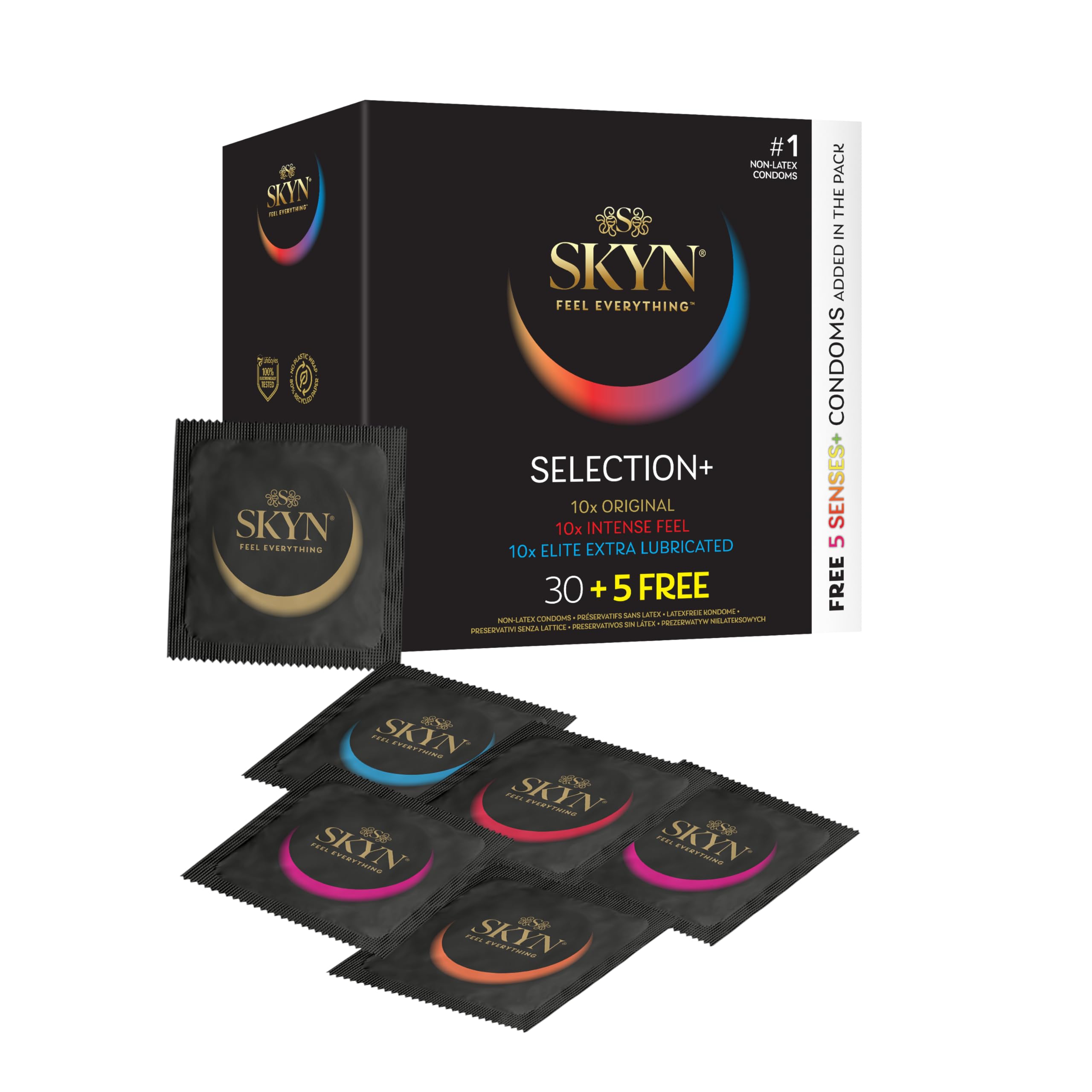 SKYN Selection Condoms Pack of 30 & 5 Senses Pack of 5 / Skynfeel Latex Free Condoms for Men, 10 x Original, 10 x Intense Feel, 10 x Extra Lube, Regular Size, Thin
