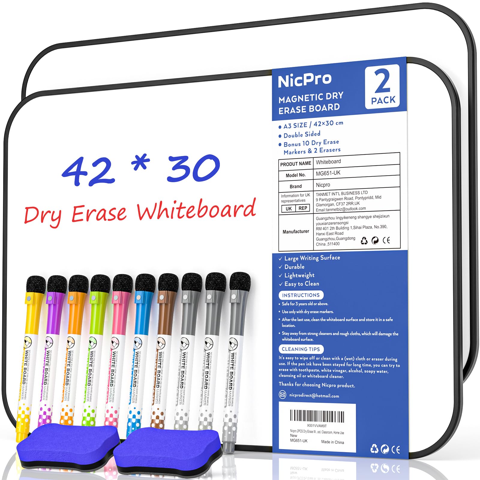 Nicpro 2 Pack Dry Erase Whiteboard A3, Magnetic Double Sided 30 x 42 cm White Board with Black Border, Including 10 Water-Based Pens and 2 Eraser for Kid Writing Drawing, Student School Classroom Use