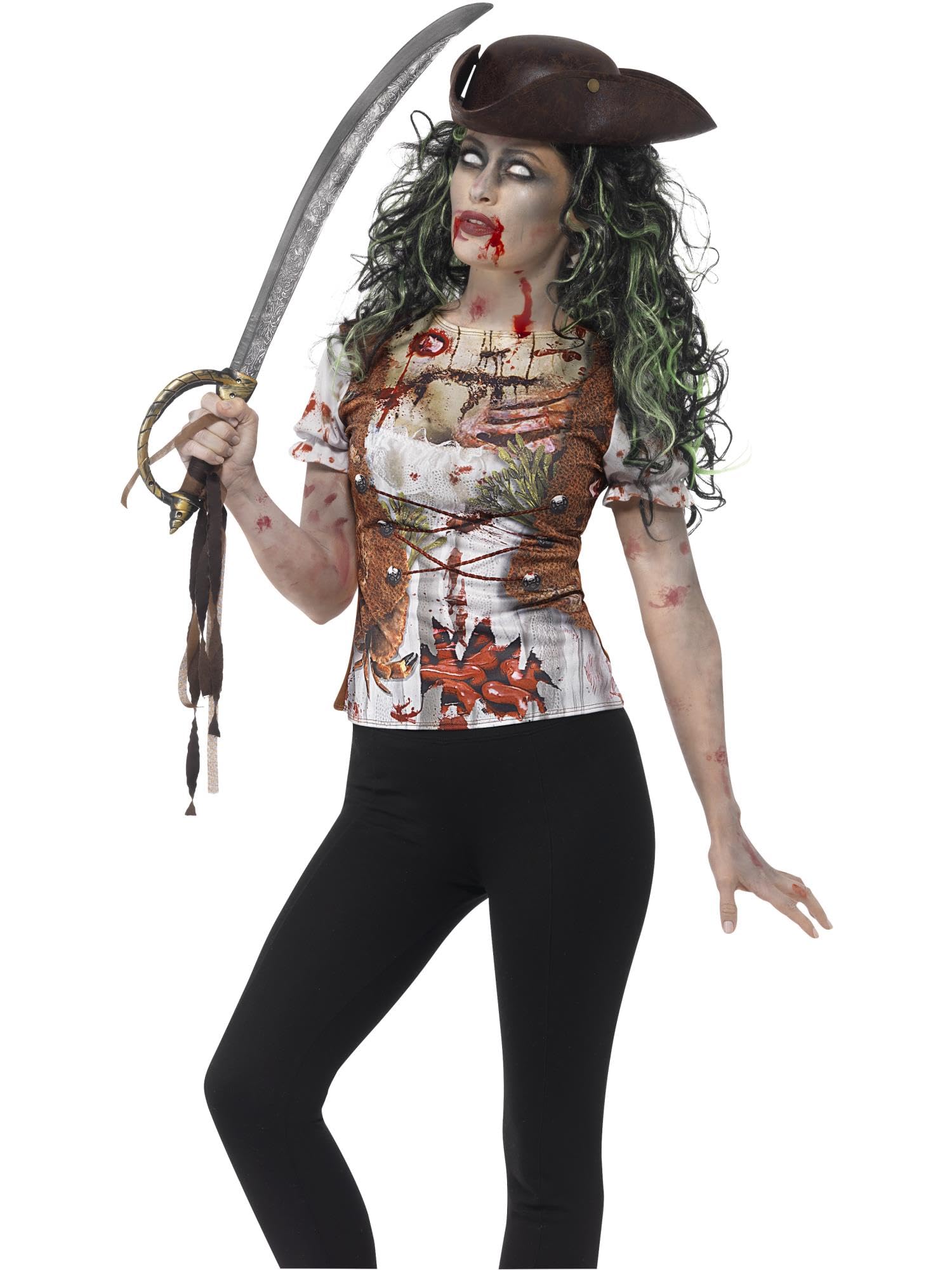 Smiffys Zombie Pirate Wench T-Shirt, Green with Sublimation Print, Halloween Zombie Alley Fancy Dress, Pirate Dress Up Costumes