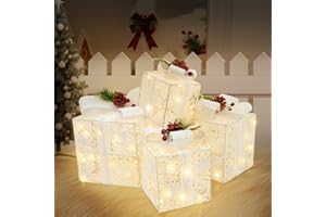 COVFEVER Set of 4 Christmas Light up Gift Boxes, Light up Xmas Boxes with Snowflake Battery Operated for Christmas Decorations Indoor and Outdoor