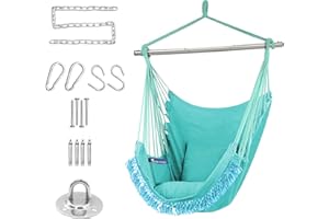 Gold Armour Hammock Chair Hanging Rope Swing Max 500lbs, 2 Seat Cushions Included, Hanging Chair with Pocket-Quality Cotton Weave for Superior Comfort & Durability (Blue)