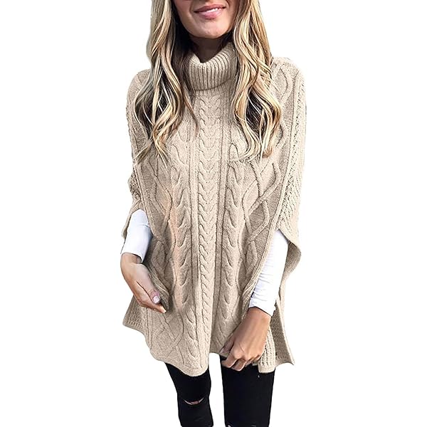 ZYXTIM Women Turtleneck Poncho Sweater Chunky Warm Cable Knit Cape