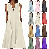 Linen Dresses for Women Lightweight V Neck Sleeveless Summer Dress Casual Flowy Beach Sundresses with Pockets