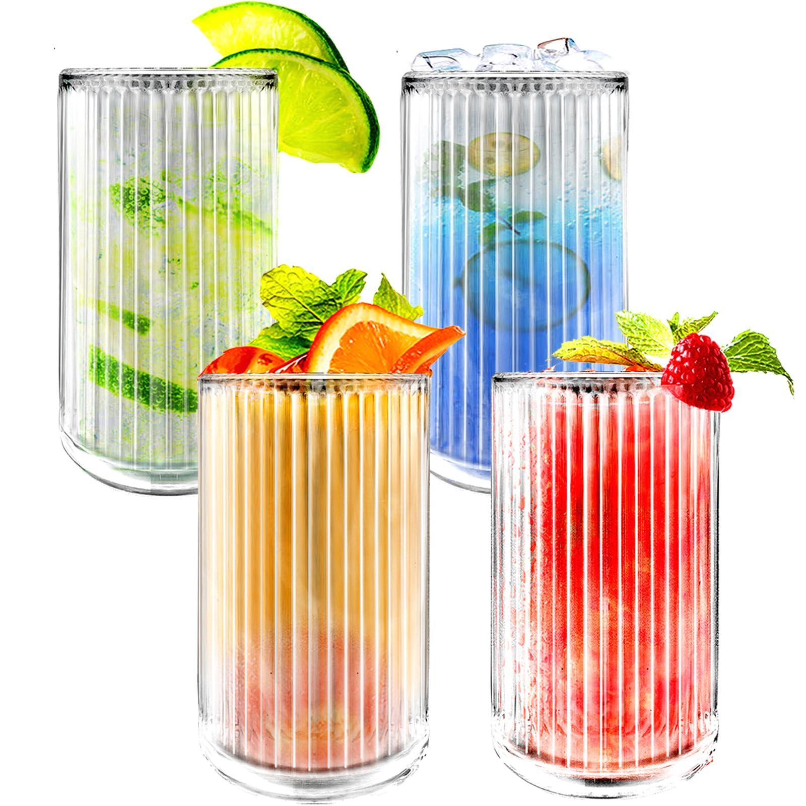 AUFIKR Set of 4 Striped Glasses/Striped Drinking Glasses/Ripple Glassware for Whiskey,Cocktails, Beer, Iced Coffee Tea for Cute Gifts