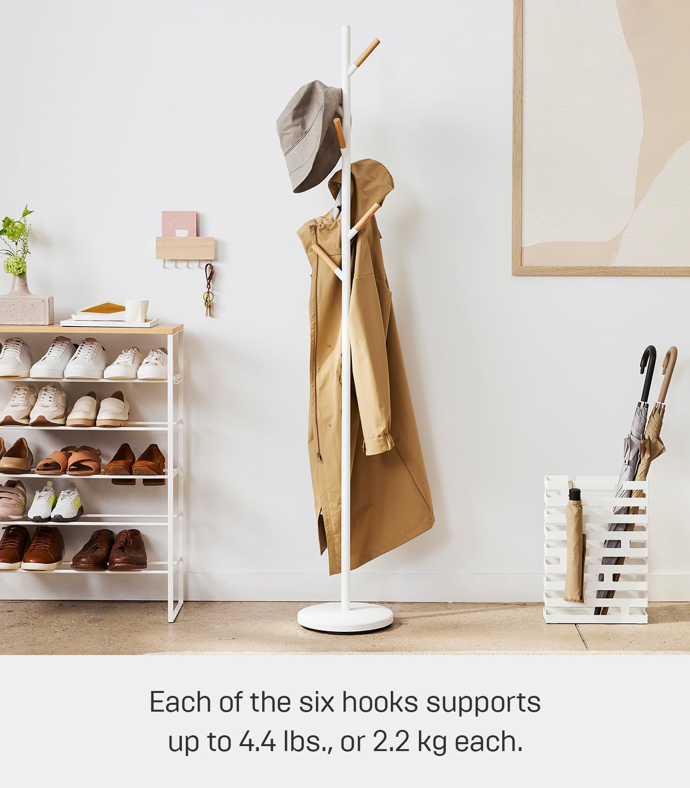 Yamazaki Home Freestanding Coat Hanger Rack with Wooden Hooks, Space Saving Steel One Size White