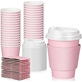 Patelai 48 Pcs 12 oz Disposable Coffee Cups with Lids and Sleeves Bulk, Insulated Hot Chocolate Paper Cup for Hot and Cold Beverage Water Juice Cocoa Tea Party Restaurants Travel Supplies (Pink)
