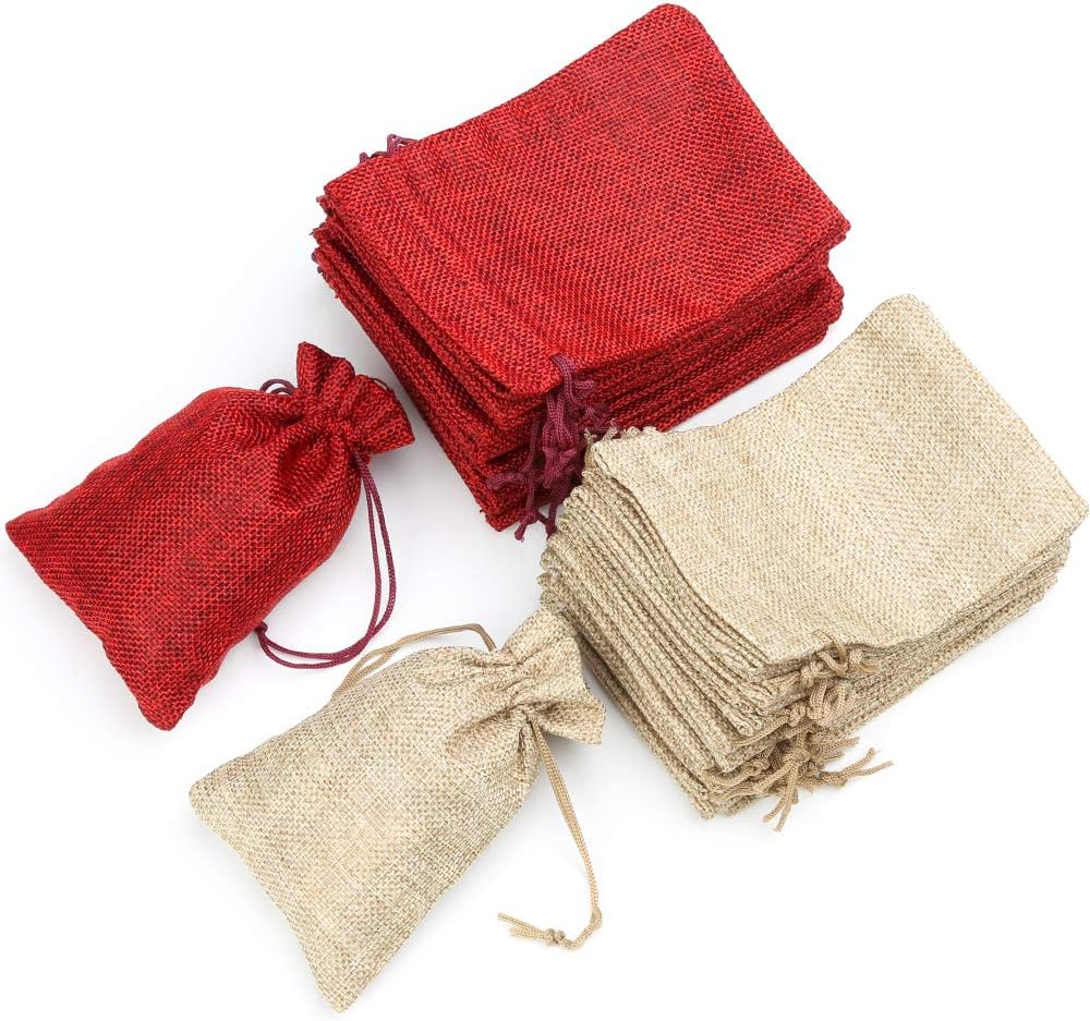 30PCS 10CM*14CM Small Hessian Bags Cotton Muslin Bags Reusable Mesh Bag with Drawstring Jute Bag for Jewellery Birthday Party Christmas(Wood Colour and Red)