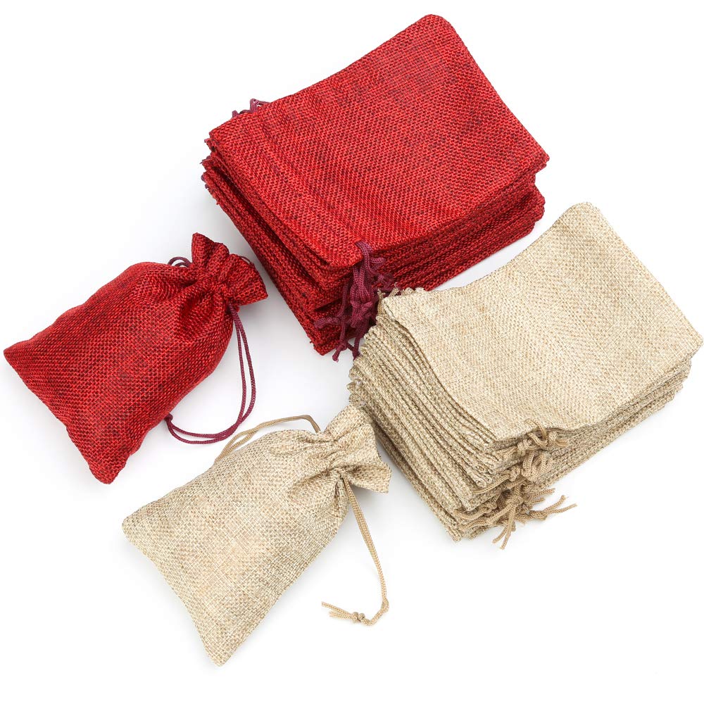30PCS 10CM*14CM Small Hessian Bags Cotton Muslin Bags Reusable Mesh Bag with Drawstring Jute Bag for Jewellery Birthday Party Christmas（Wood Colour and Red）