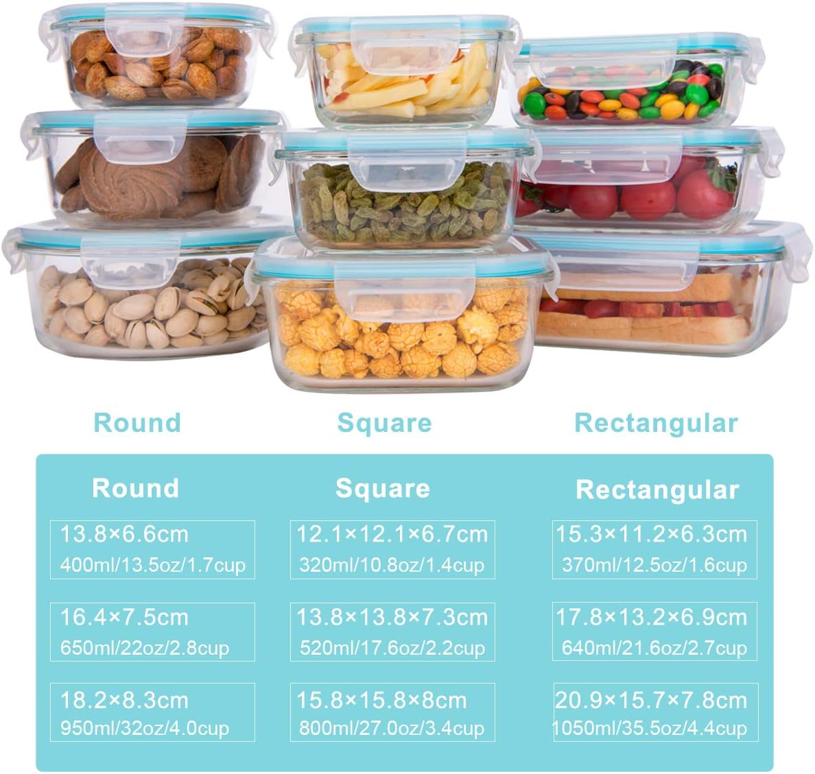 AILTEC Glass Food Storage Containers with Lids, 18 Piece Meal Prep Set, BPA Free & Leak Proof, Clear - Image 3