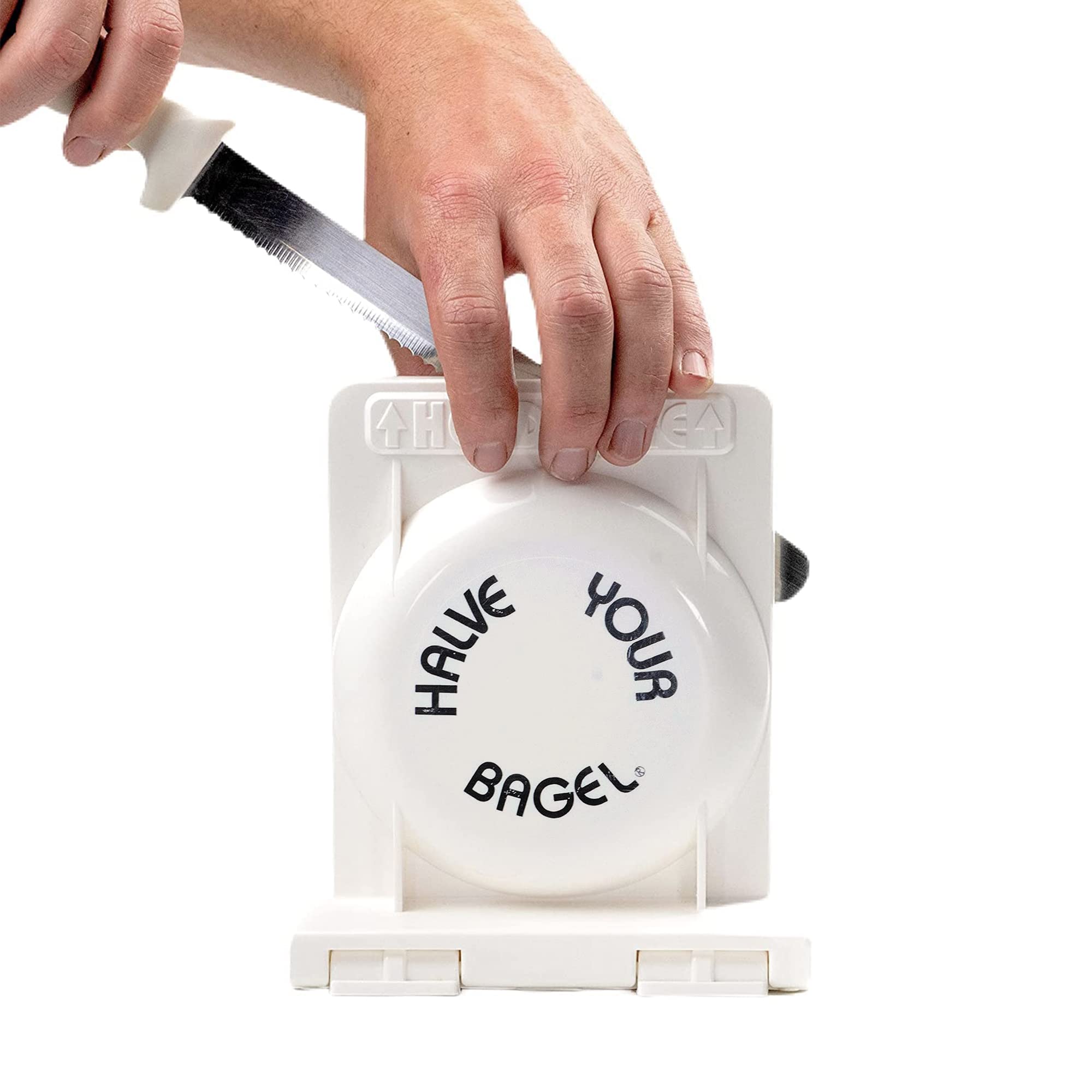 Photo 1 of Halve Your Bagel - Bagel Slicer, Durable Kitchen Gadgets. Bagel Cutter with Knife for All Bagel Sizes, Dishwasher-Safe Bagel Cutter Slicer for Home, Bakeries, Coffee Shops, & more. (White)