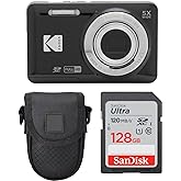 Kodak PIXPRO FZ55 Digital Camera (Black) + Point & Shoot Camera Case + Sandisk 128GB SDXC Memory Card
