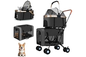 YYW Double Pet Stroller for Small Dogs & Cats - 4 in 1 Foldable Dog Stroller with 2 Detachable Carriers, Lockable Wheels & Safety Belts, Ideal for Multi-Pet Homes Walks & Travel(Black)