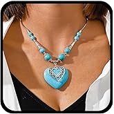 YienDoo Boho Large Heart Turquoise Necklace Choker Vintage Ethnic Love Heart Pendant Necklace Western Turquoise Beads Strand Necklace Statement Heart Turquoise Necklace Jewellery for Women