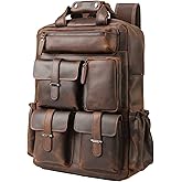 Masa Kawa Leather Backpack for Men Vintage 15.6 Inch Laptop Bag Multi Pockets Casual Travel Daypack Brown