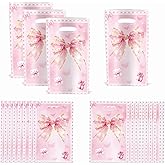 30Pcs Pink Bow Gift Bags Bow Plastic Candy Goodie Bags for Coquette Birthday Wedding Party Snack Cookie Packing Supplies