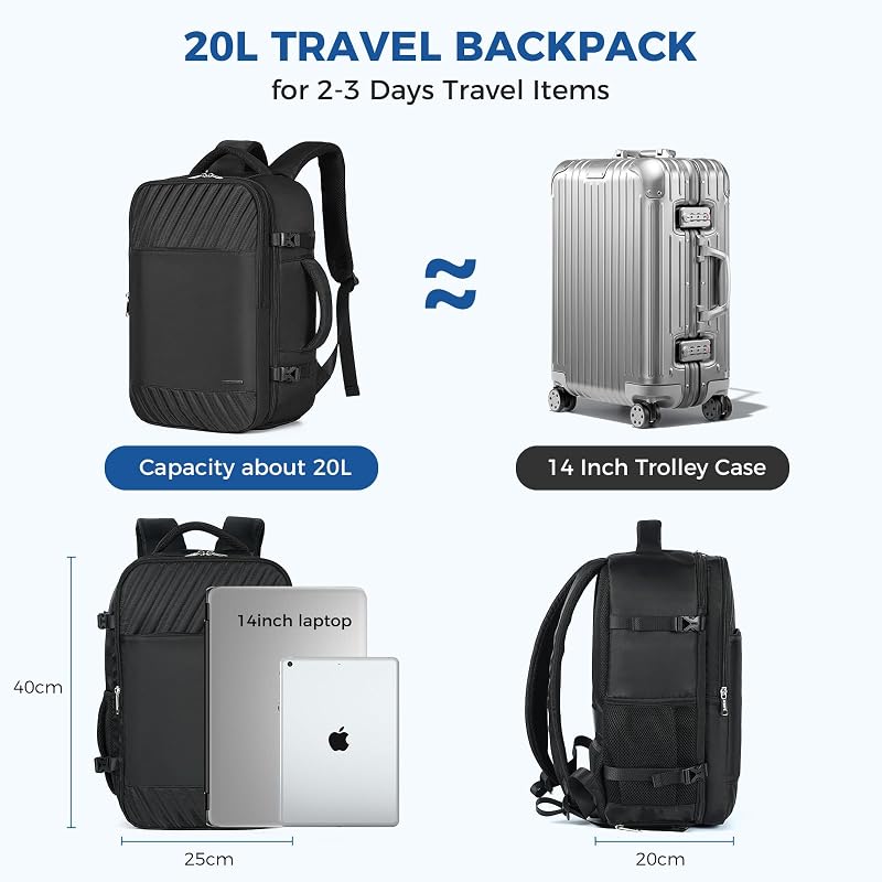 Sac a Dos Voyage Cabine Avion, 20L Sac 40x20x25 Ryanair Bagages Cabine Airbag Travel pour Easyjet Vueling Wizz Air, Sac à Dos Femme Homme pour Travail, Voyage, Weekend-Noir