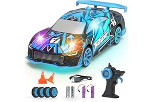 FLYNOVA Blue RC Drift Car,Kids Toys with Glow LED Lights,Drifting/Racing Tire,14 KM/H High-Speed Stunt Vehicle with 2 Rechargeable Batteries,Boys Girls Age 6 7 8-13+ Christmas Birthday Gift