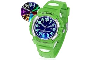 DTKID 7 Colorful Lights Children's Watch Boys Girls, Kids 30 M Waterproof Analog Watches Soft Rubber Band, Easy to Read Dial Time Lessons Wristwatch Children 5-18 Years Old