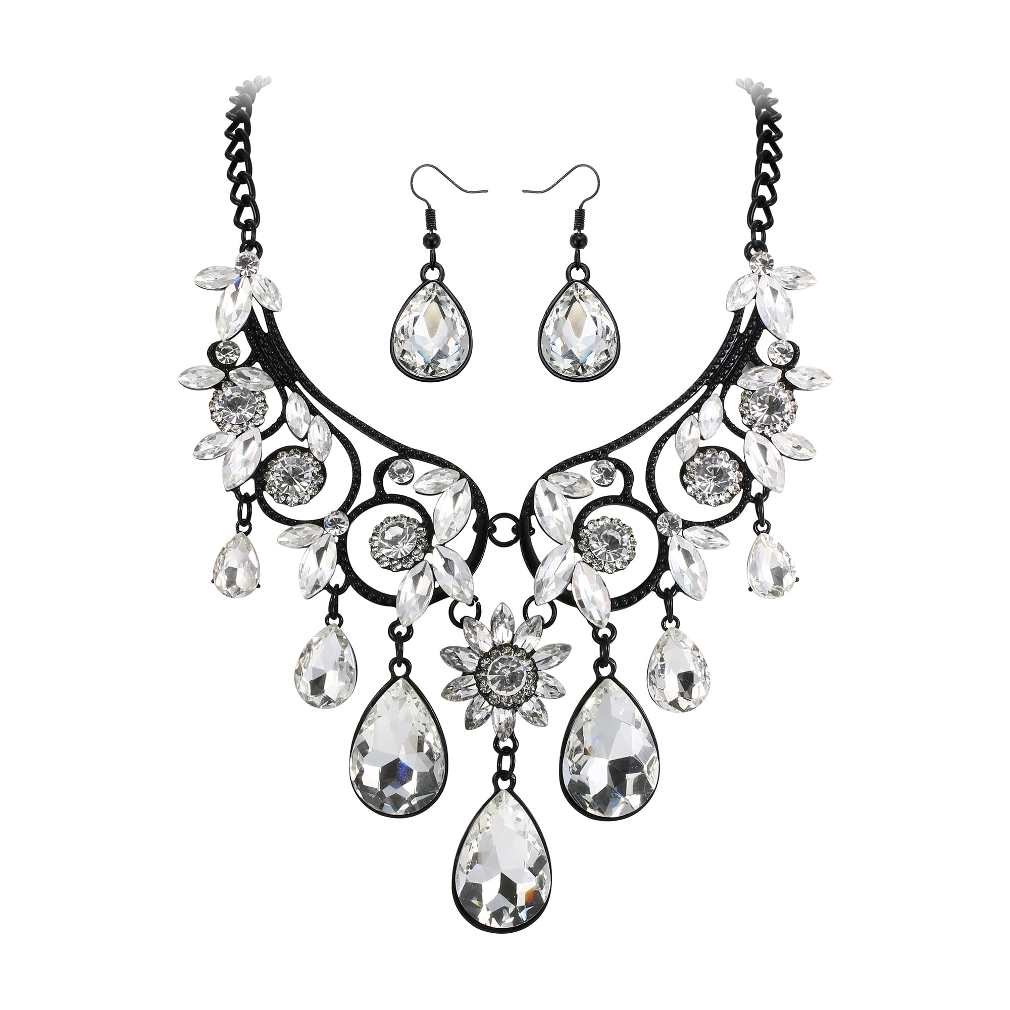 Clearine Halloween Jewellery Crystal Diamante Costume Chunky Tribal Ethnic Statement Necklace Dangle Earrings Wedding Bridal Set Clear Black-Tone