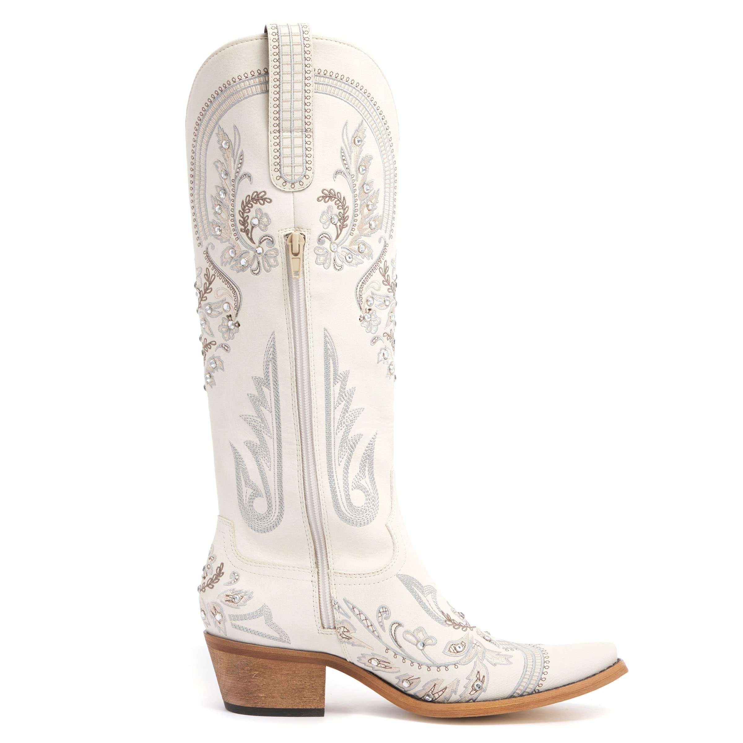 Western Cowboy Boots for Women Embroidered Rhinestones Knee High Cowgirl Boots Pointed Toe Chunky Heel Fashion Retro Classic Tall Boot