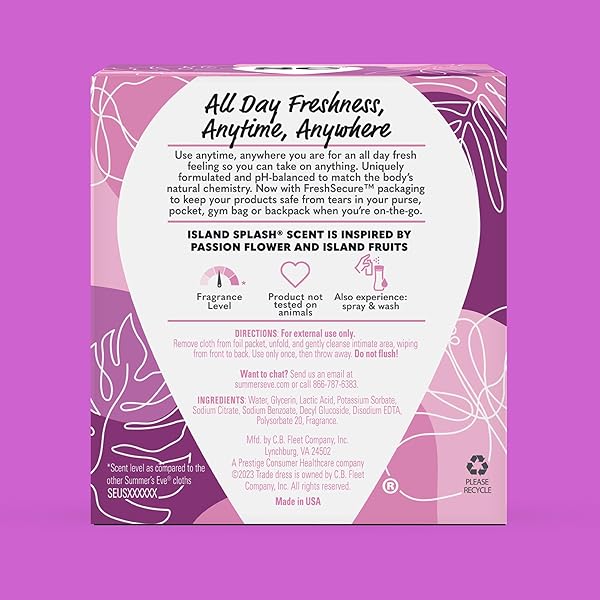 SUMMER’S EVE FEMININE WIPES, ISLAND SPLASH, INDIVIDUALLY WRAPPED VAGINAL WIPES, FEMININE CARE TO HELP REMOVE VAGINAL ODOR, GYNECOLOGIST TESTED, 12 WIPES