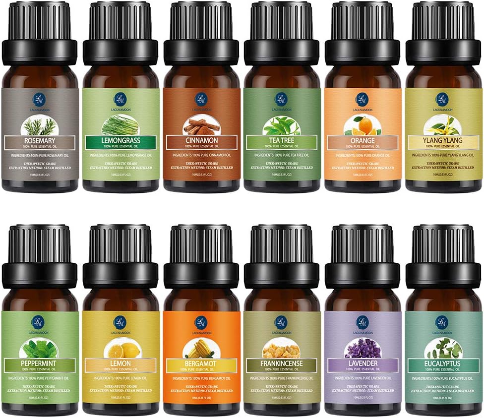 Lagunamoon Essential Oils Set, Aromatherapy Oils Set Includes Lavender, Tea Tree, Peppermint, Lemongrass, Orange, Rosemary, Frankincense, Lemon, Rosemary, Cinnamon, and Ylang-Ylang - Pack of 12, 10ml: Health & Personal Care