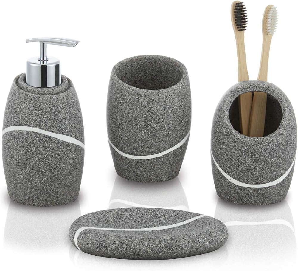 zccz Grey 4-Piece Bathroom Accessory Set Soap Dispenser Toothbrush Holder Tray