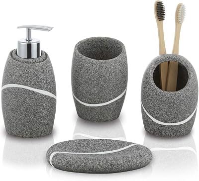 zccz Grey 4-Piece Bathroom Accessory Set Soap Dispenser Toothbrush Holder Tray