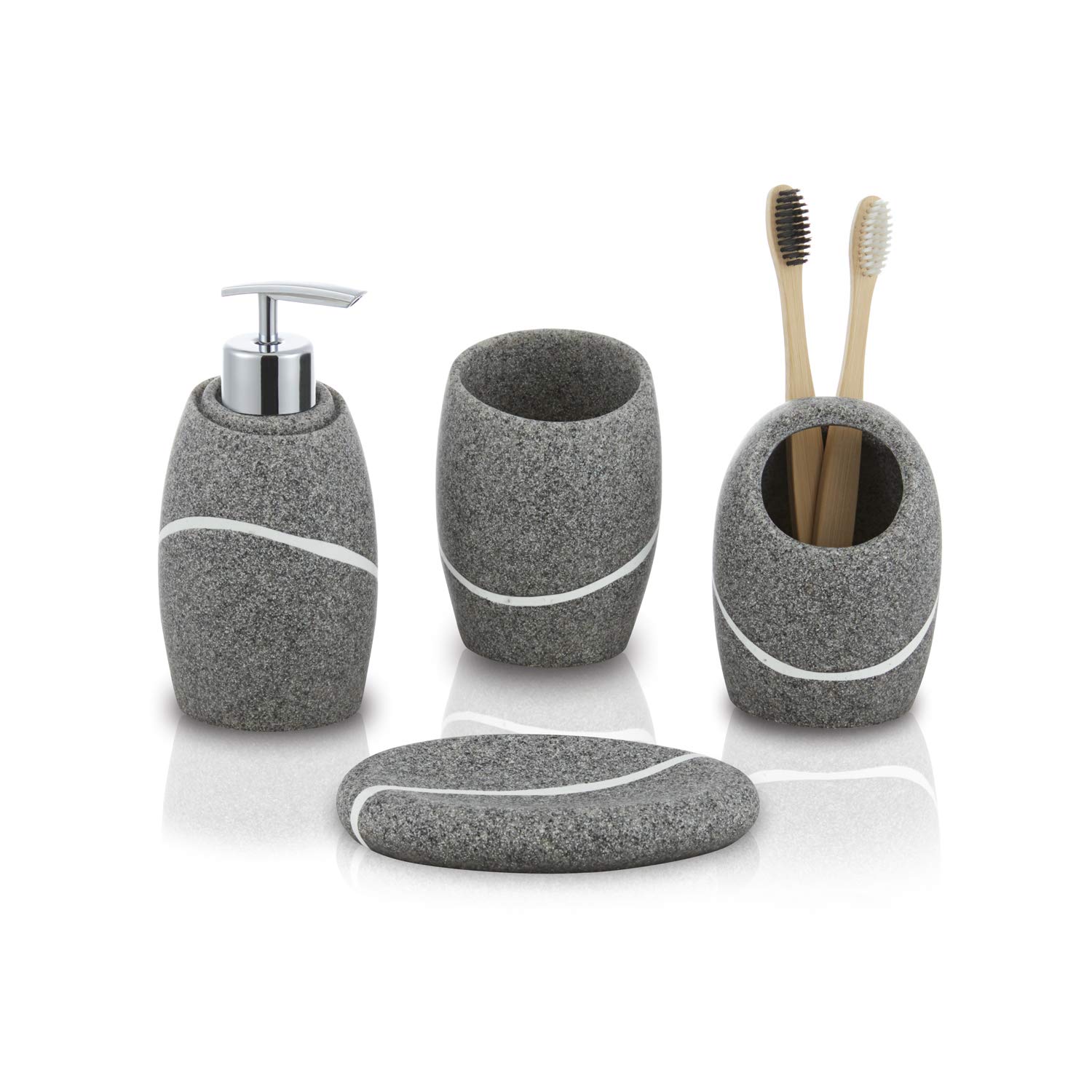 zccz Grey Bathroom Accessory Set 4 Pieces - Bathroom Organiser with Tootbrush Holder, Lotion Soap Dispenser, Vanity Tray and Soap Dish - Modern Bathroom Decor - Bathroom Accessories Set