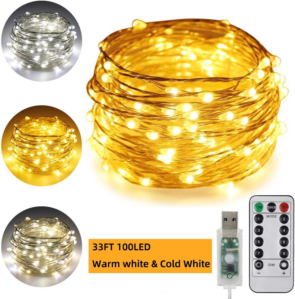 Tasodin 33ft 100 LED String Lights USB Powered with Remote Control, Decorative Fairy Lights for Patio, Backyard, Garden, Wedding, Bedroom, Warm White with Cold White