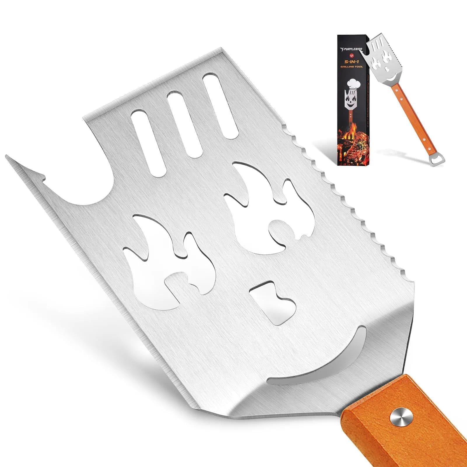 PURPLEBIRD Grill Spatula for Outdoor Grill, 5 in 1 Grilling Tools 16" Long BBQ Spatula with Wooden Handle, Father's Gifts, BBQ Gifts for Men