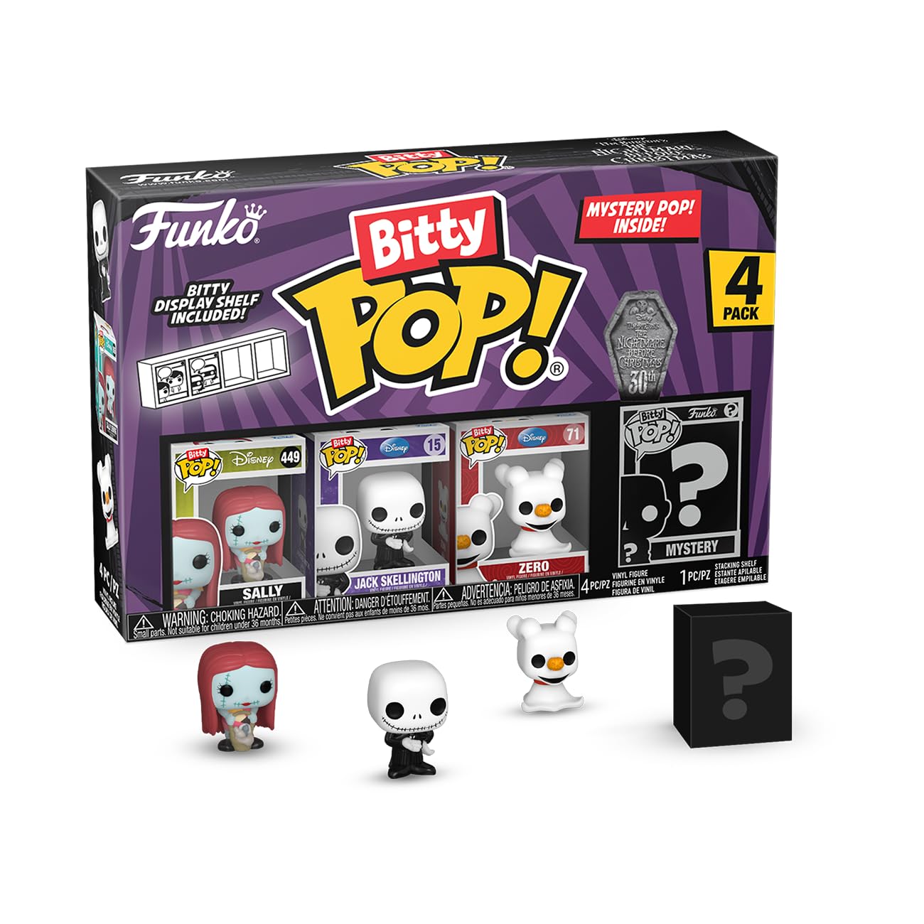 Funko Bitty Pop The Nightmare Before Christmas - Sally, Jack Skellington, Zero and A Surprise Mystery Mini Figure - 0.9 Inch (2.2 Cm) Collectable - Stackable Display Shelf Included