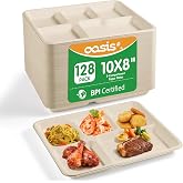 OasisSN 10x8 128-Pack 5-Compartment Divided Plates, Ideal for Light Meals, Kids Lunch, Meal Prep &amp; Party, Heavy Duty Compostable Bagasse Plates, Microwave Safe, Natural