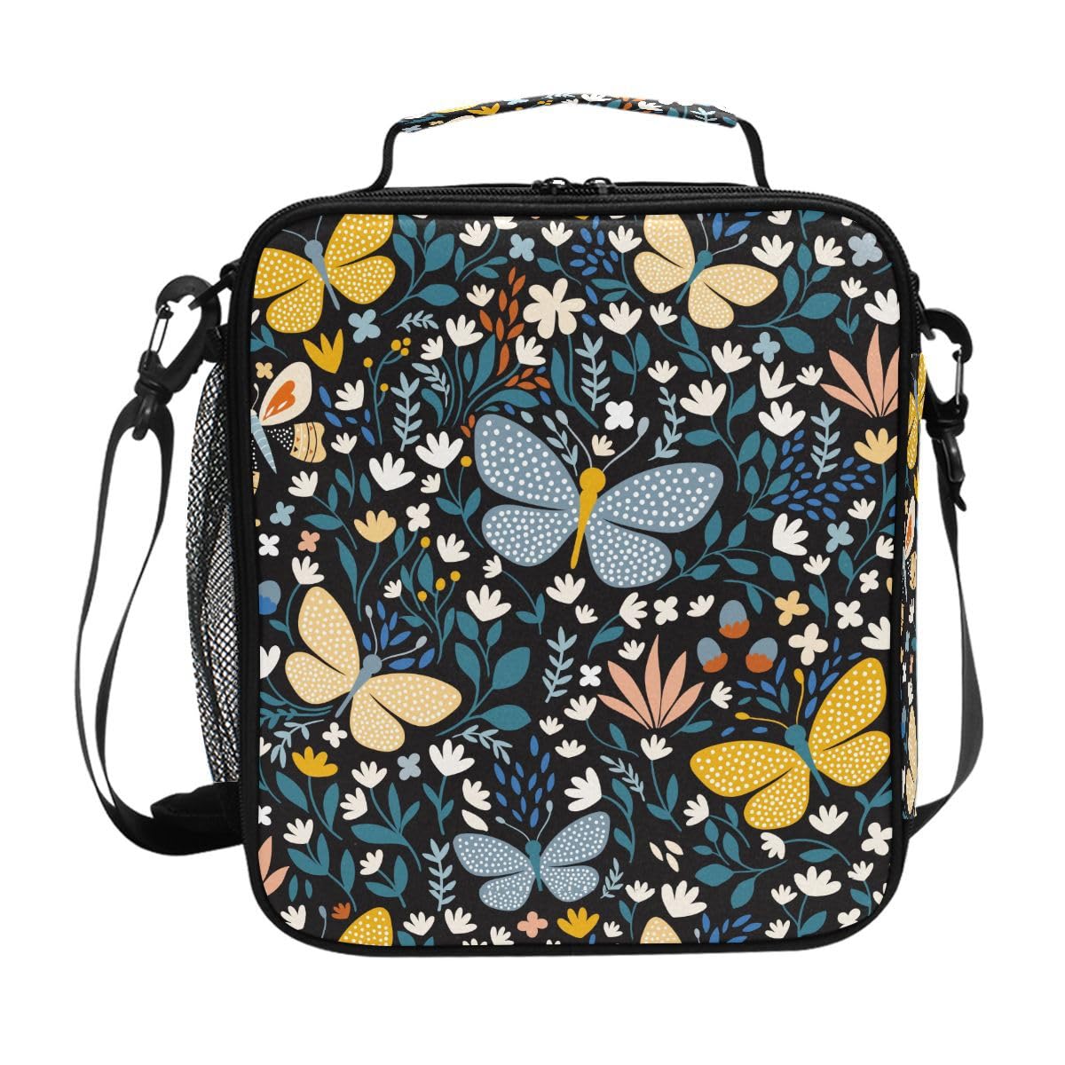 Lunch Bags for Kids Boys Girls Toddler, Butterflies Flowers Floral Reusable Insulated Lunch Box, Lunch Cooler Bag Organizer with Adjustable Shoulder Strap