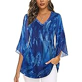 BEPEI Women's Tops 3/4 Sleeve Dressy Casual Blouses V Neck Double Layers Shirts